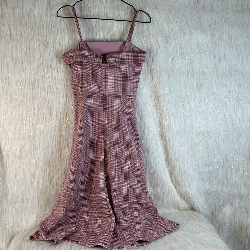 Hoi Sing Hansion Tweed A Line Dress Pink Plaid Lace Up Midi Spaghetti Strap S - Picture 3 of 8